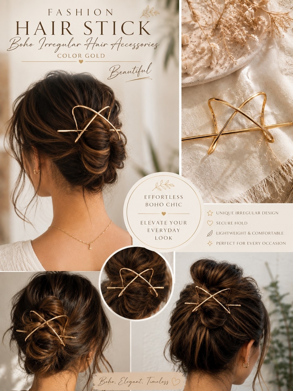 Gold Boho Hair Stick - Elegant Irregular Hair Pin